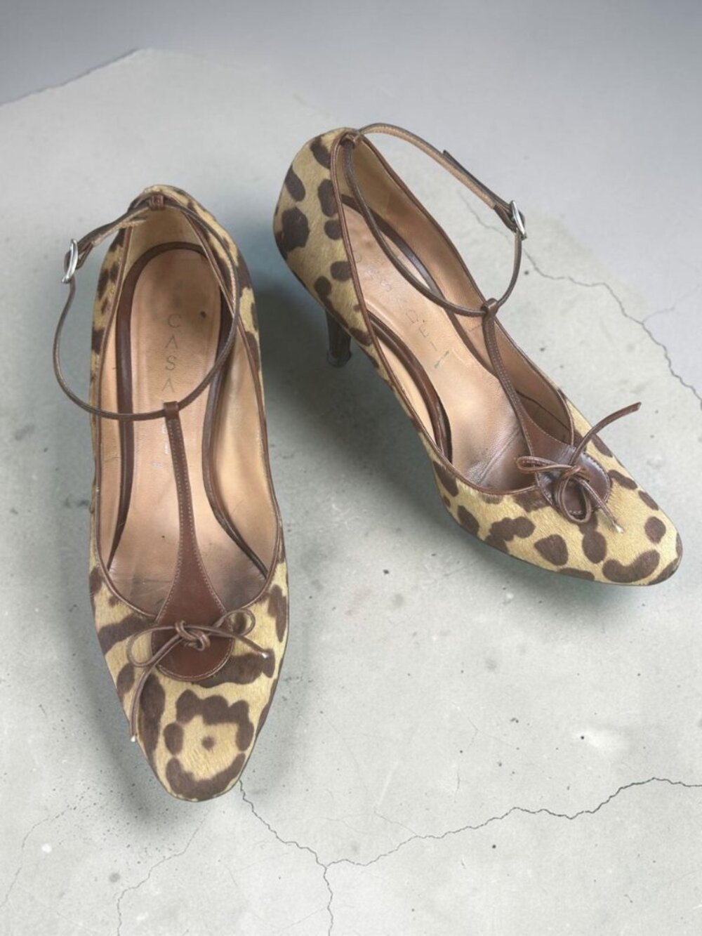 Casadei Leopard Calf Hair T Strap Heels Bow on Toe Size 6.5